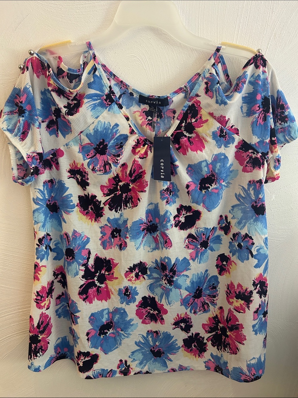 Floral Short Sleeve Top - White with Blue & Pink Flowers
